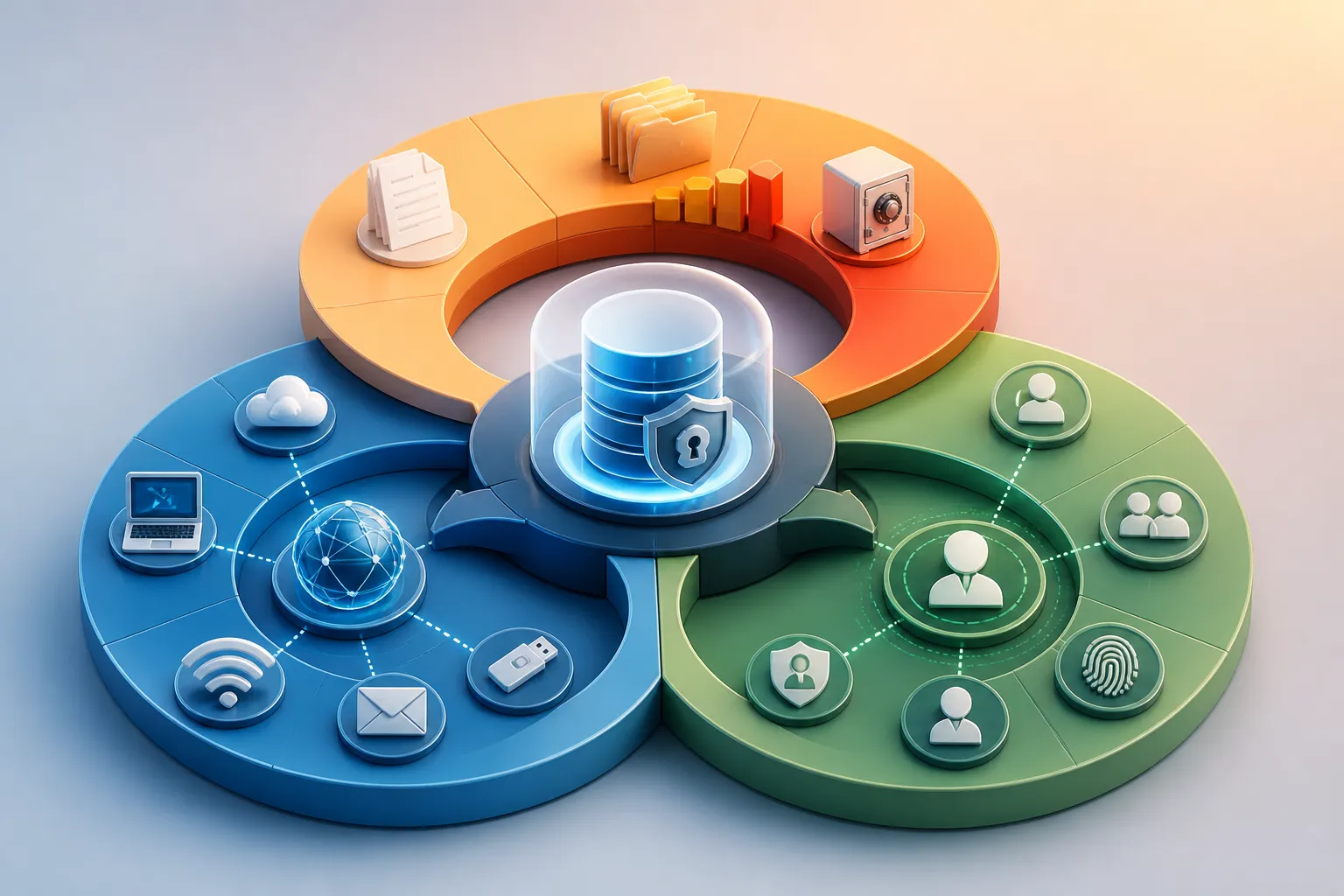 Three layers of data sensitivity, exposure, and identity surround a protected data asset.