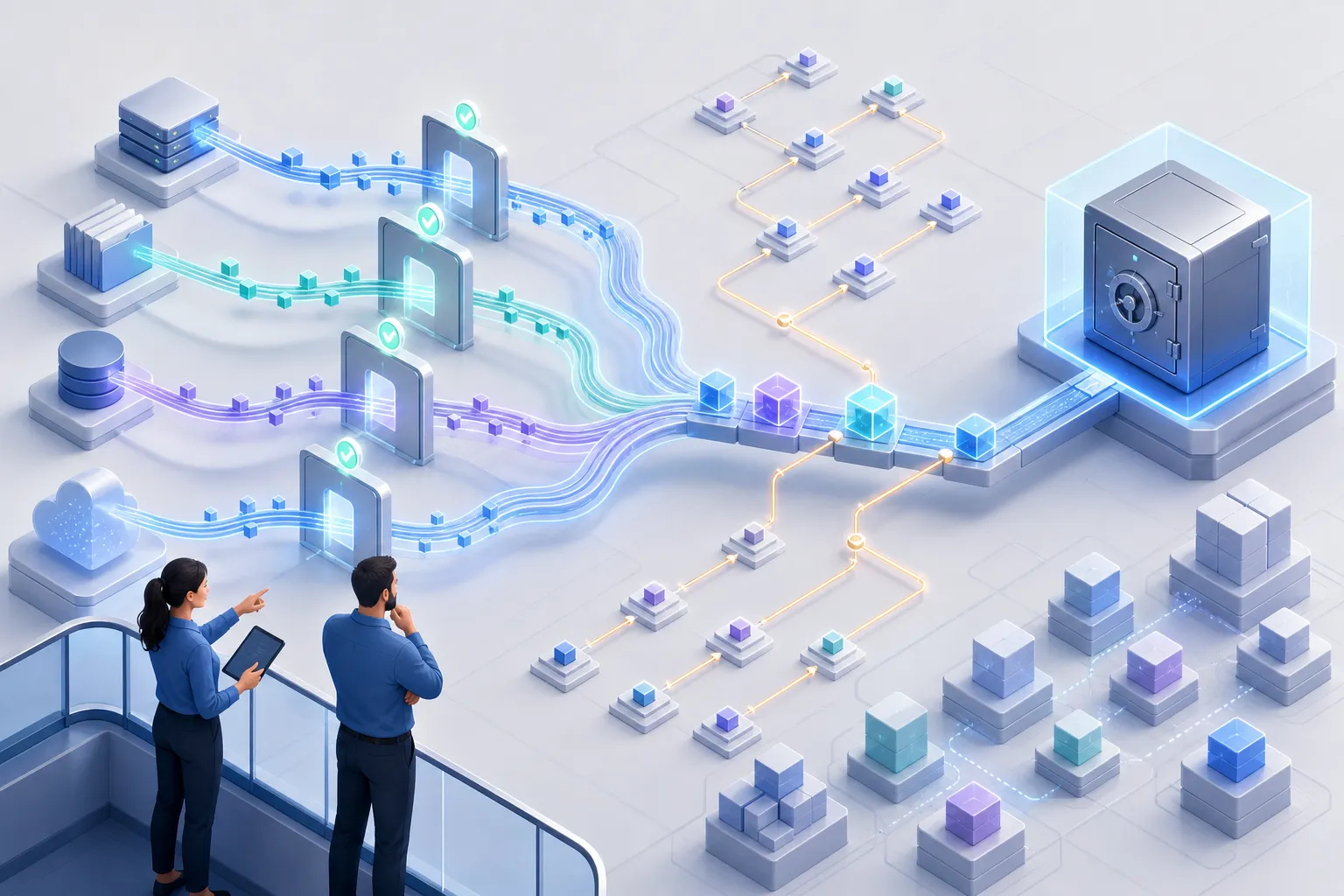 Automated data flow with approvals, lineage, and a protected data store