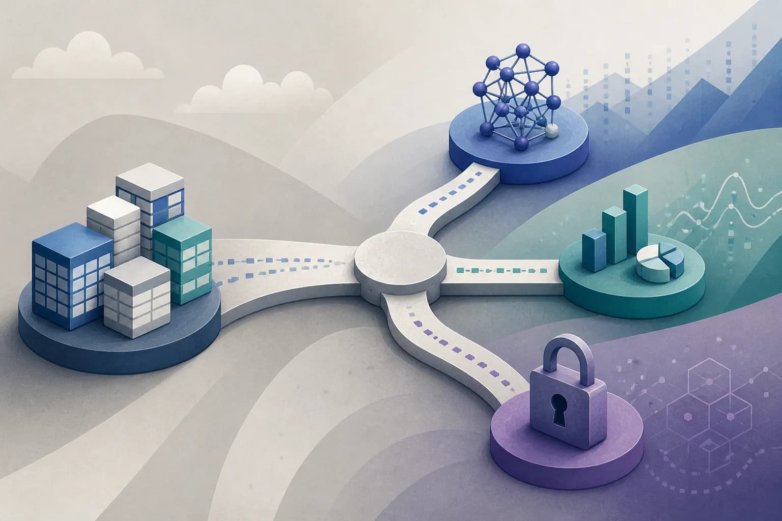 Architecture blocks representing data, models, analytics, and controls.