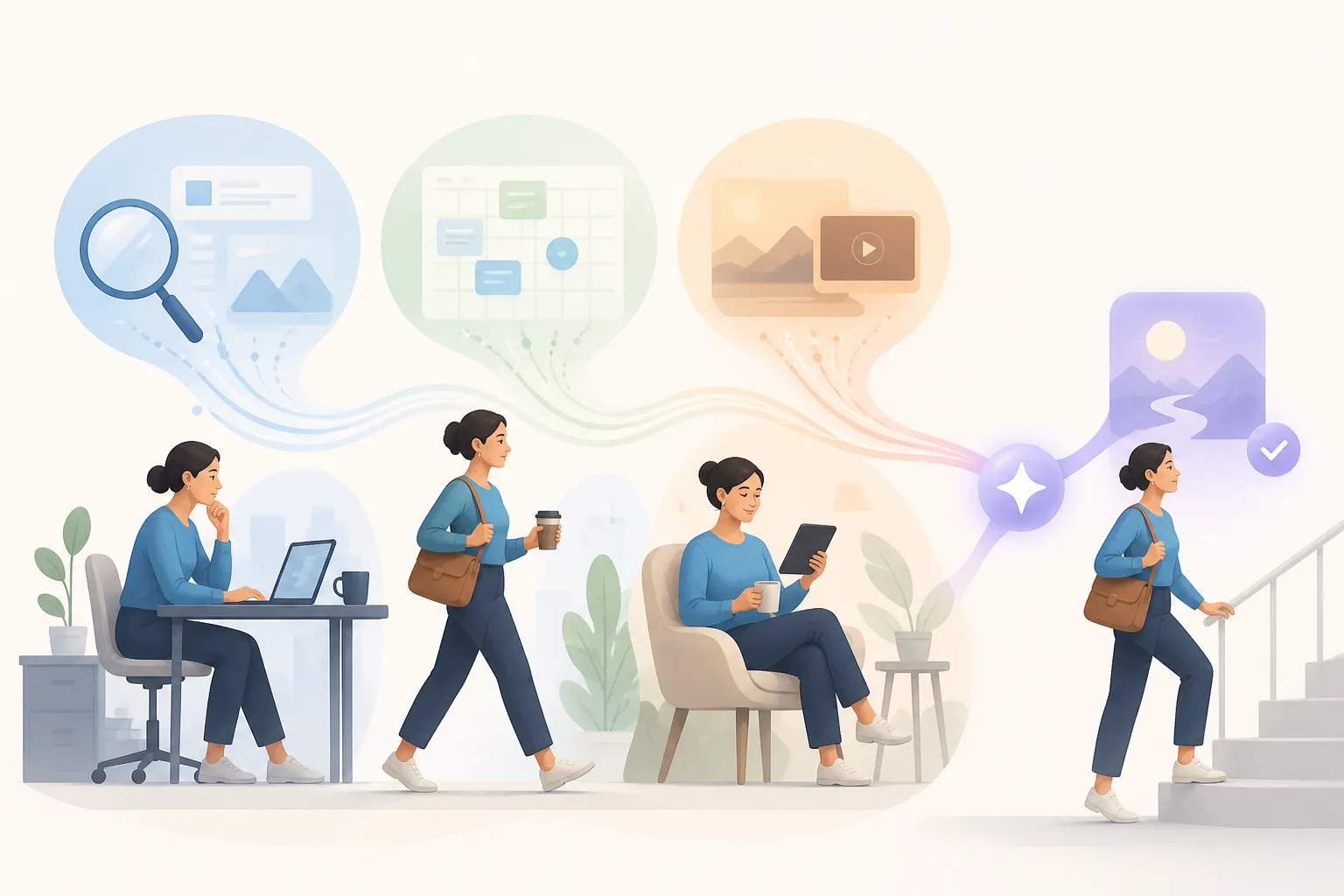 AI assistance arriving at the right moment in a daily search, calendar, and media workflow.