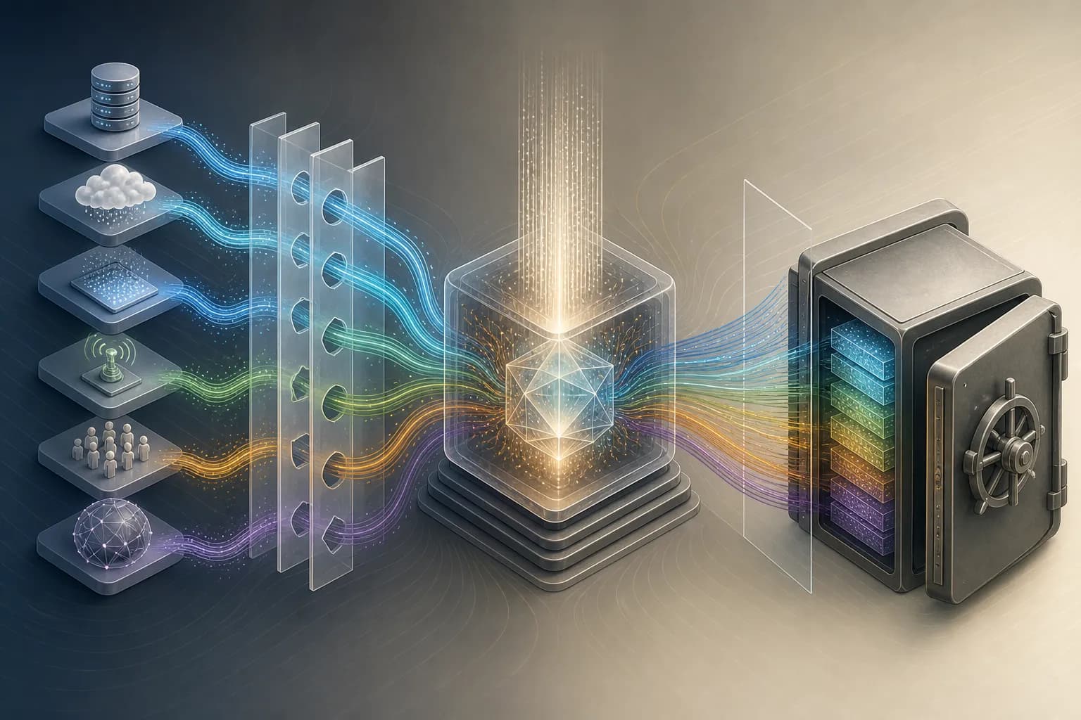 Data sources passing policy filters into a decision engine with audit traces