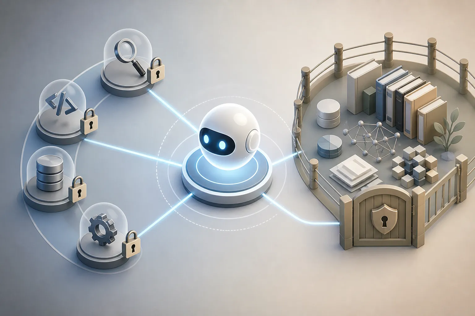 An agent connected to limited tools and a protected context boundary
