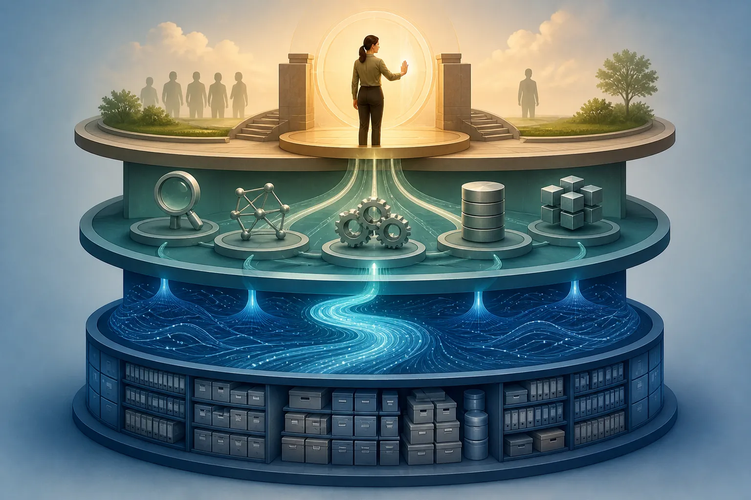 Illustration of data, retrieval, tool gateway, and human approval layers.
