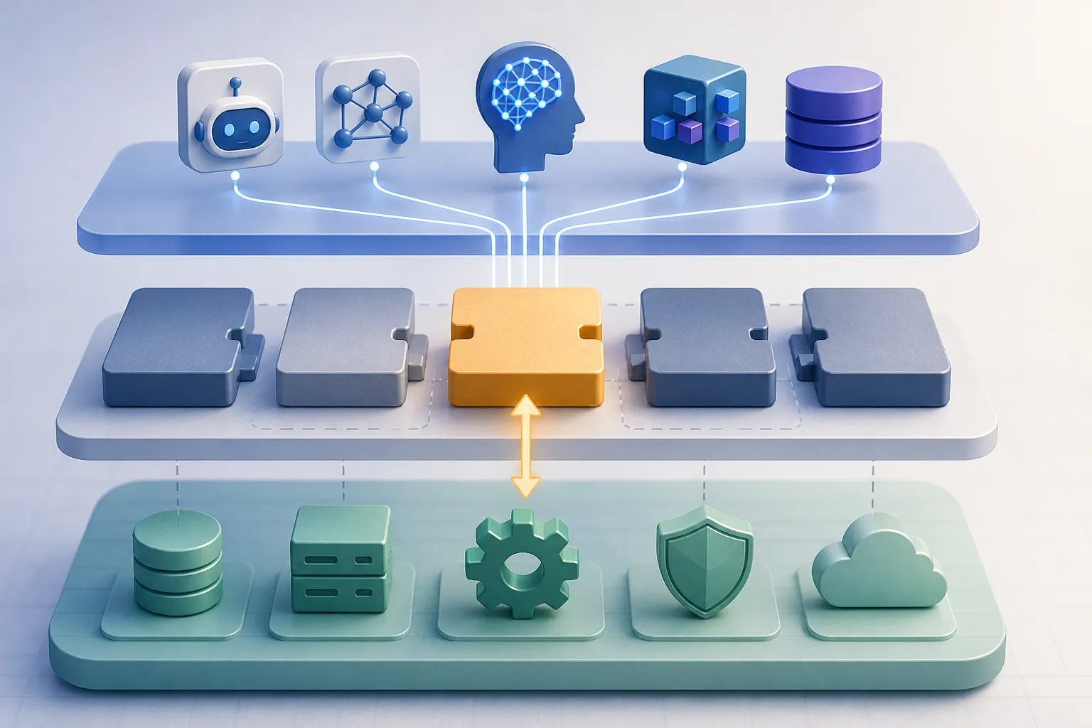 Layered architecture with a replaceable adapter between an AI tool protocol and business services.