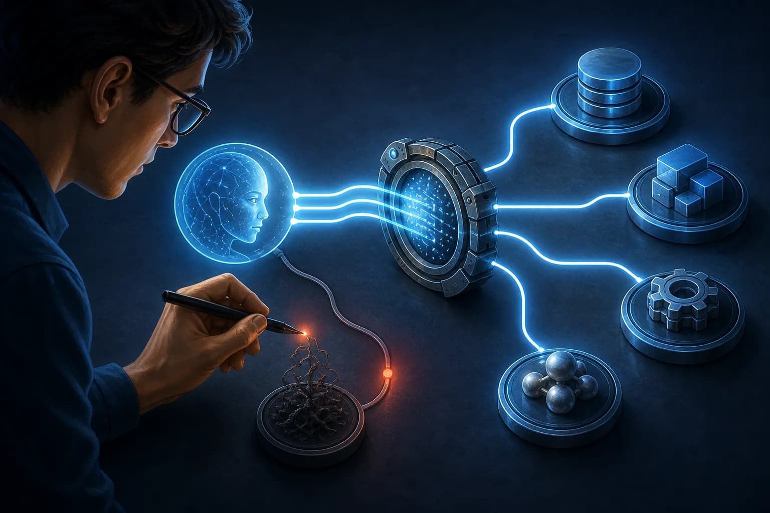 Engineer tracing AI agent connections through a controlled gateway to internal services.
