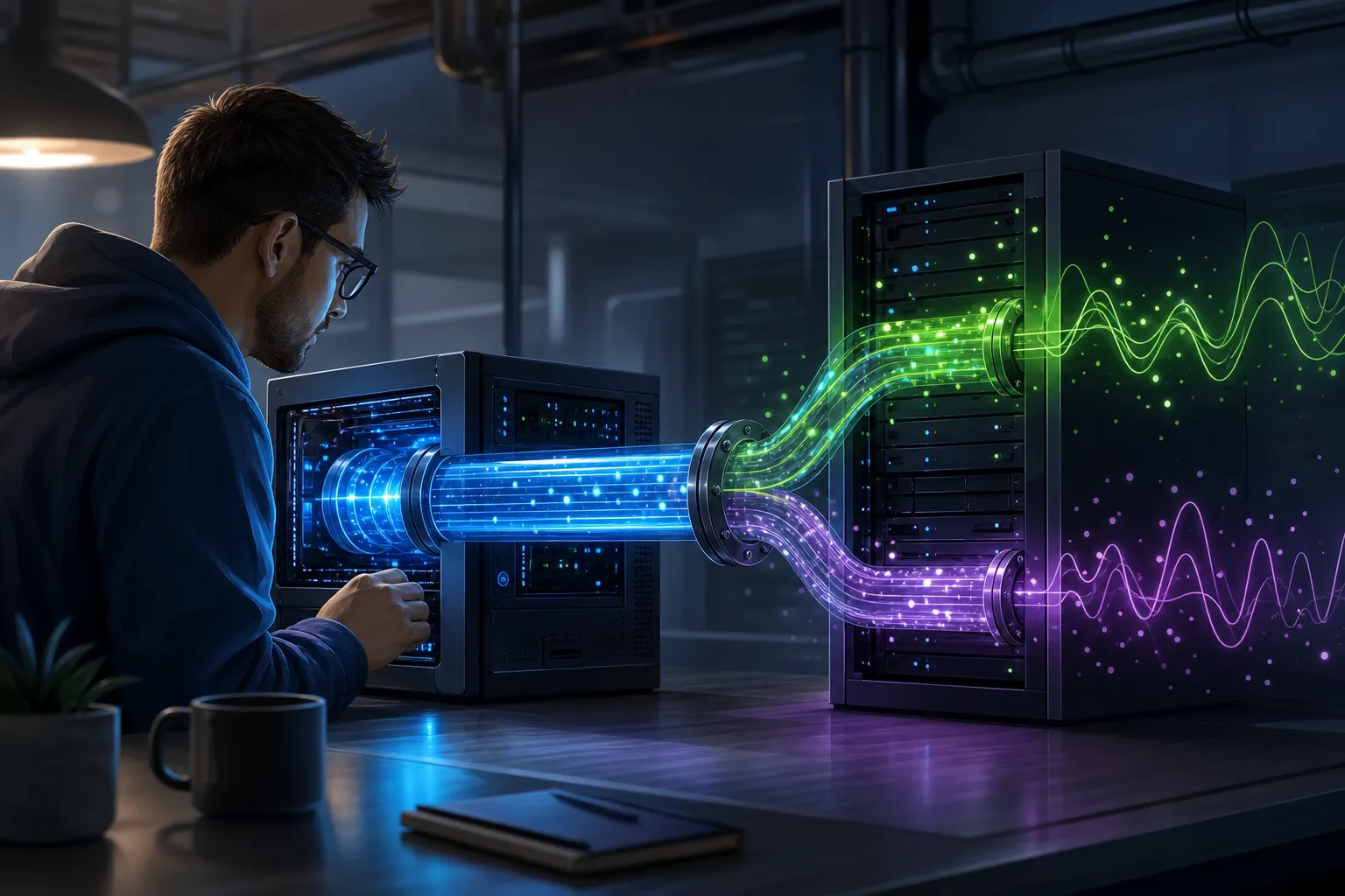 Engineer testing a local server process with data and separate diagnostics channels.