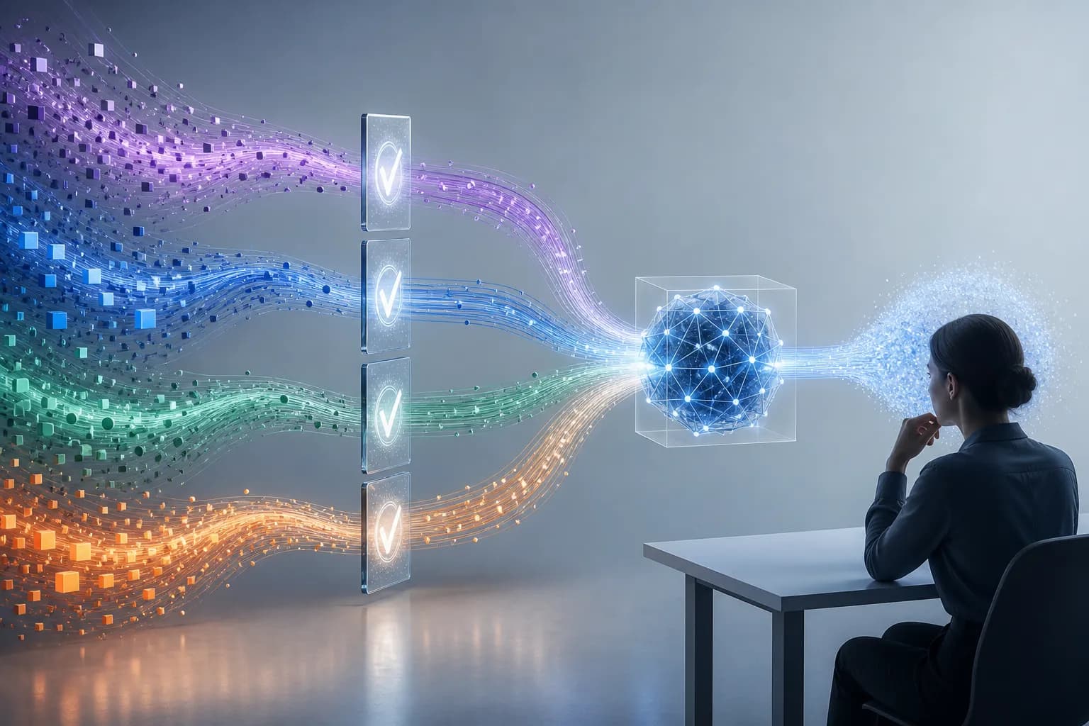 Data streams passing validation gates before entering a model.