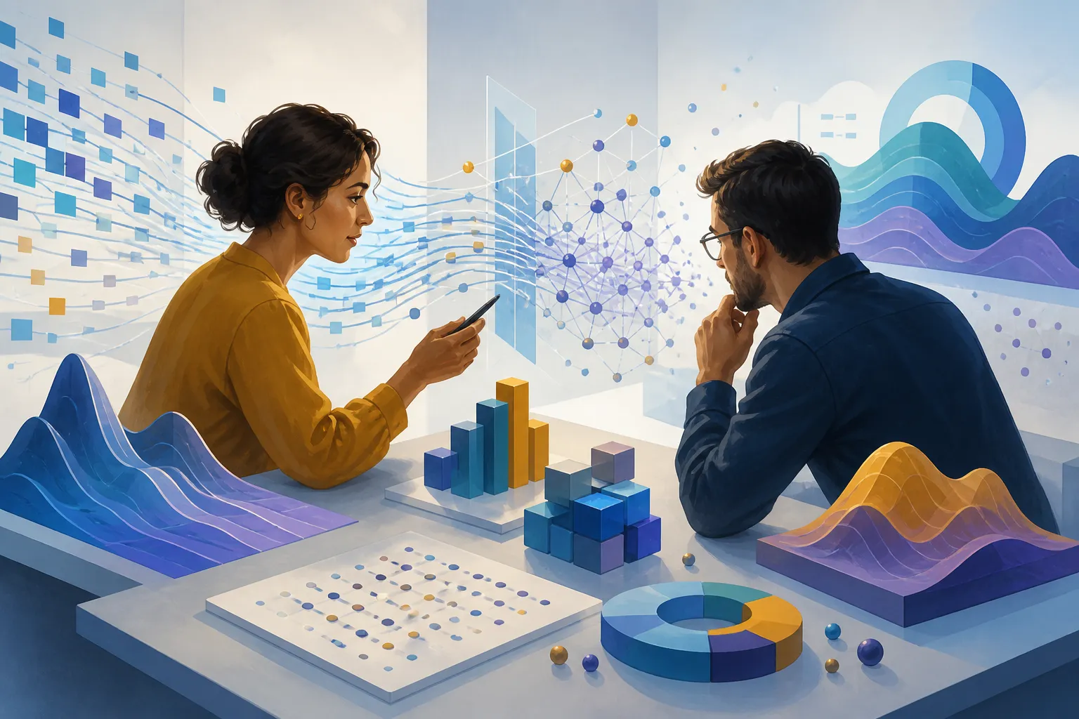 Two professionals reviewing transaction-data flows and prediction outputs.