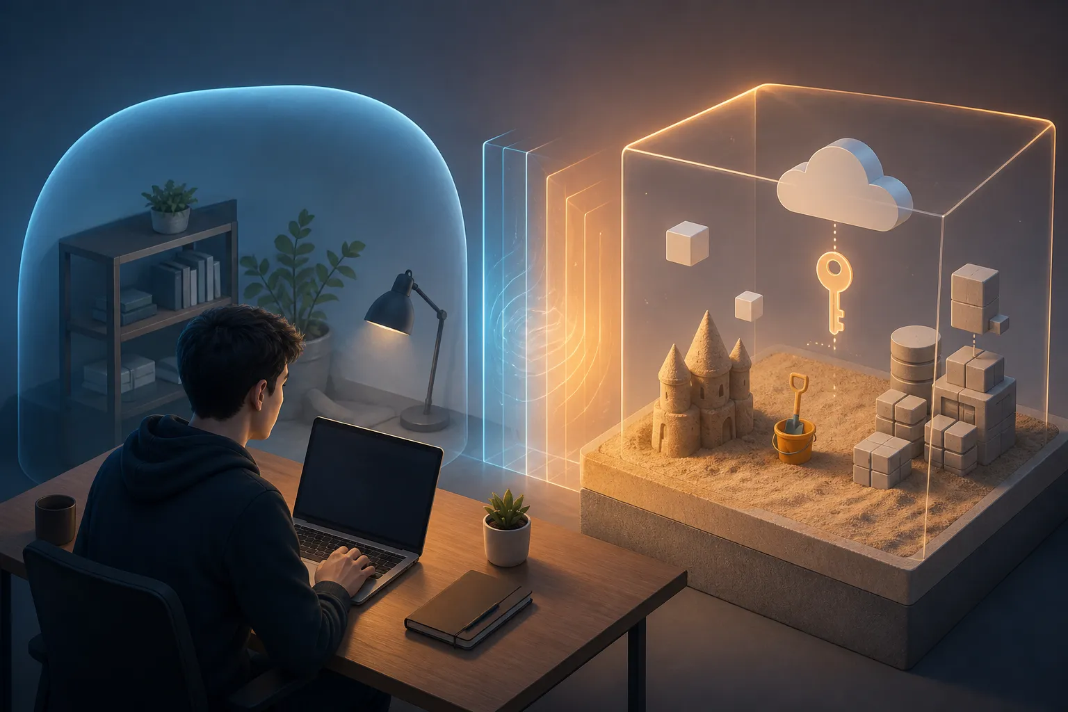 A developer sandbox using temporary credentials separated from a personal workspace