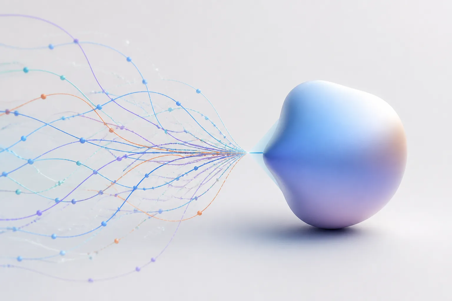Many input paths converge into one smoothly rendered 3D form.