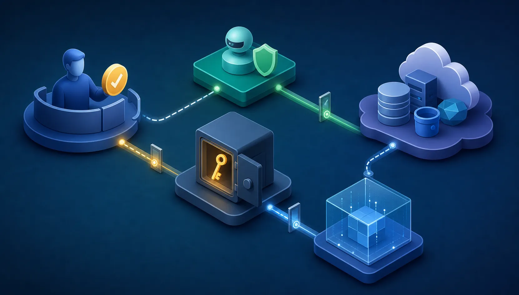 A governance map linking human approval, automation identity, a secrets vault, execution environment, and cloud resources.