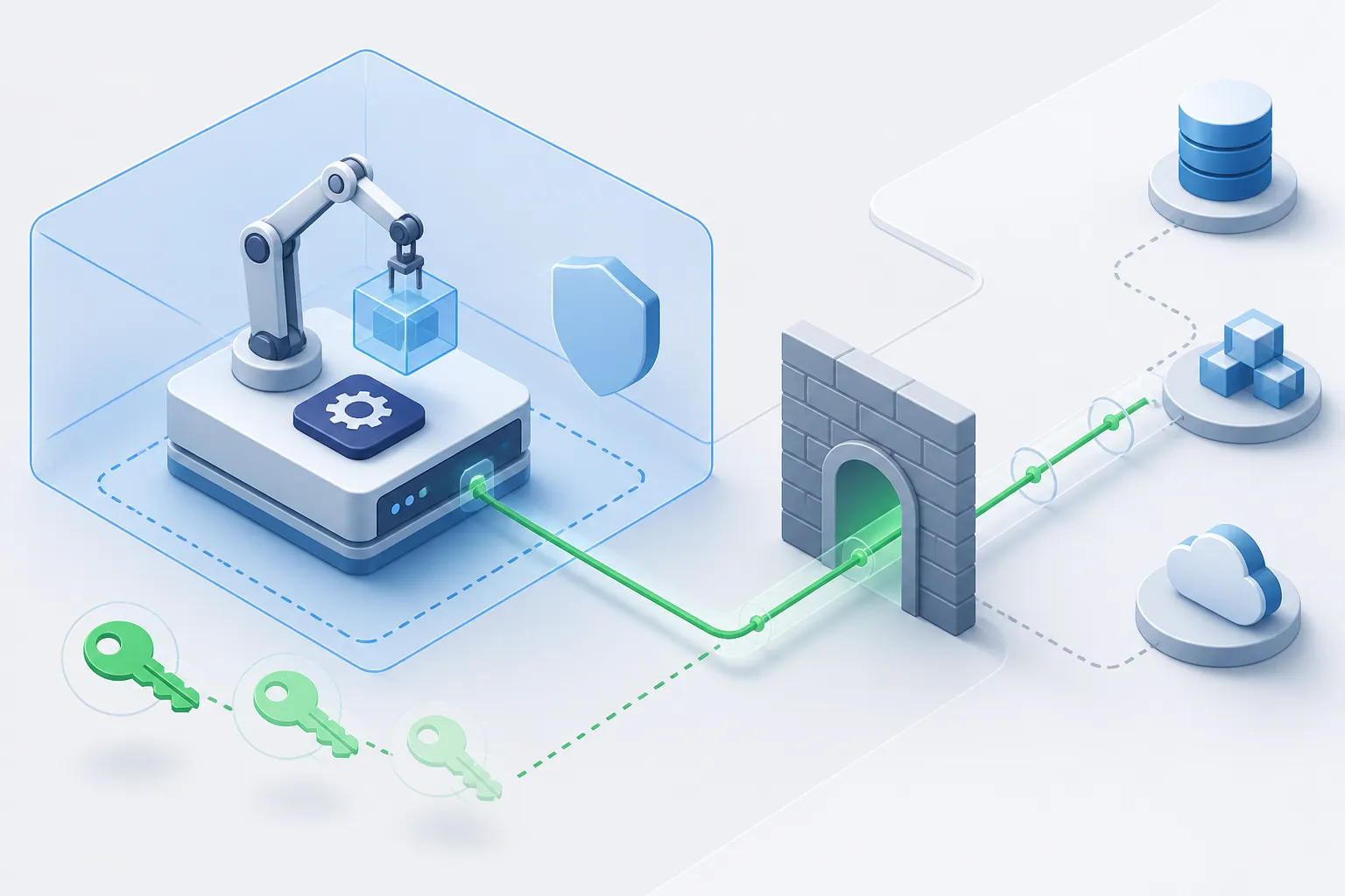 An isolated CI runner with short-lived keys and a controlled network path