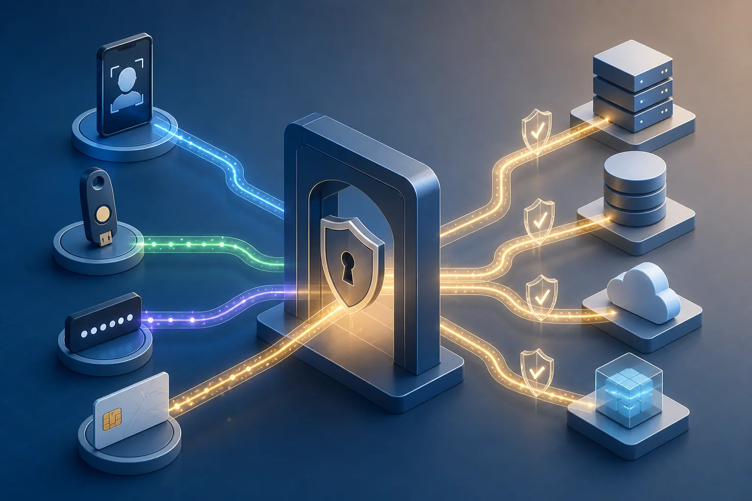 A central authentication gateway mediates tool connections with different credential types.