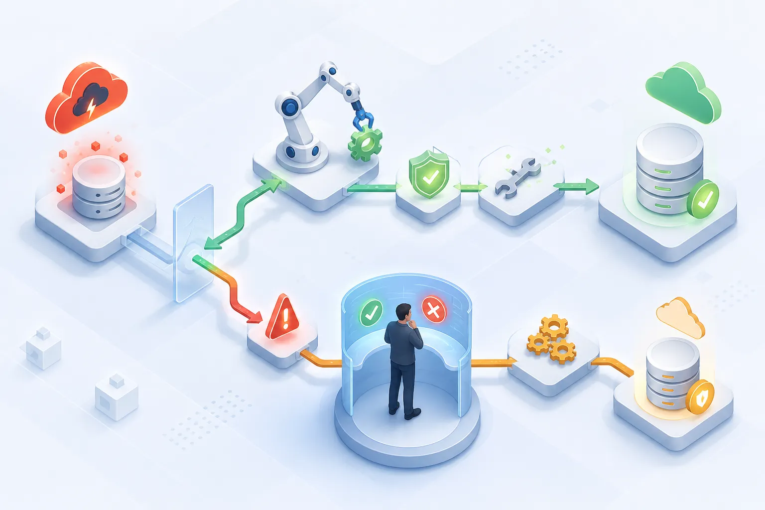 An automated workflow repairs an isolated cloud resource with human approval for higher-risk paths.