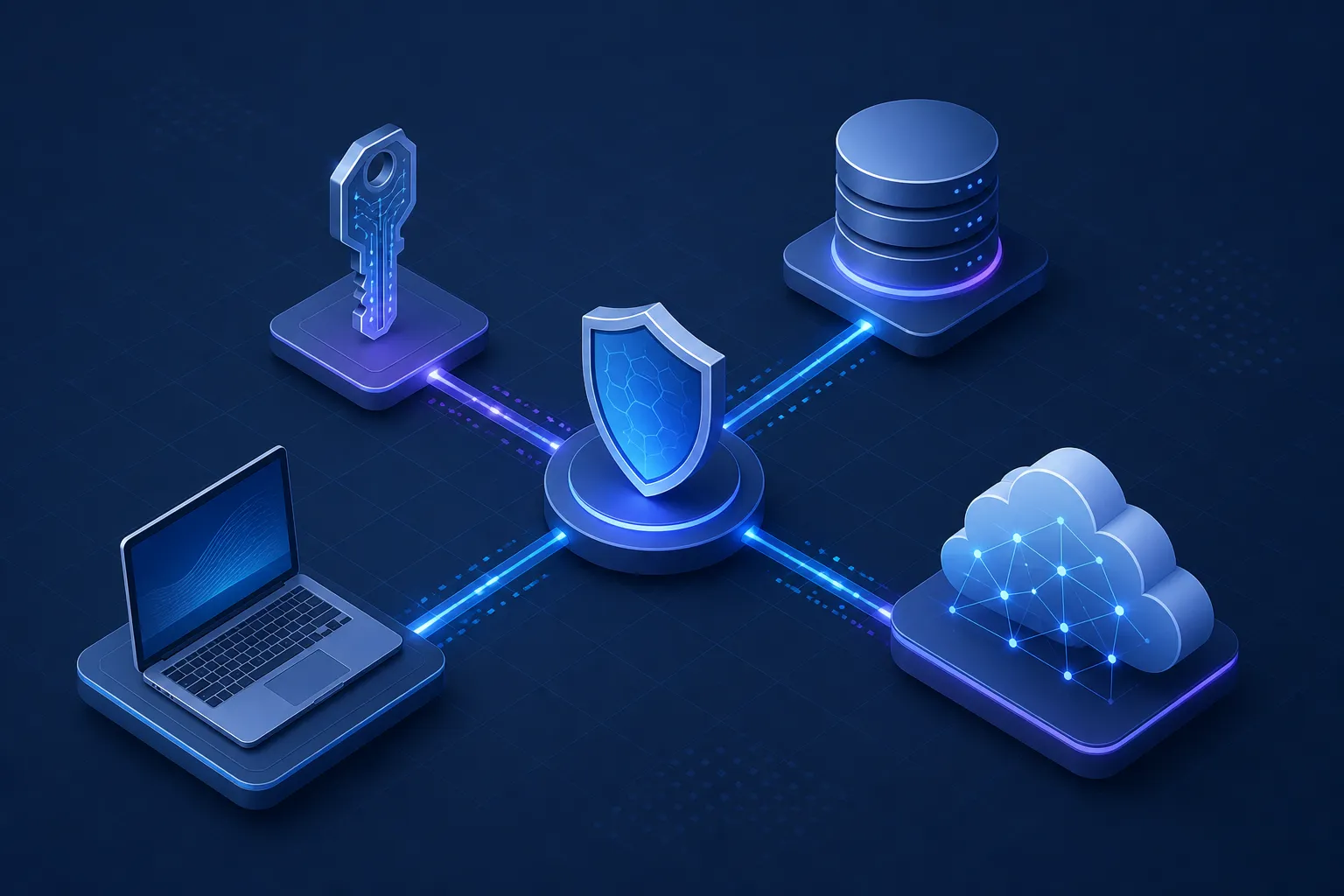 Illustration linking endpoint, identity, repository, and cloud signals in a security monitoring flow.