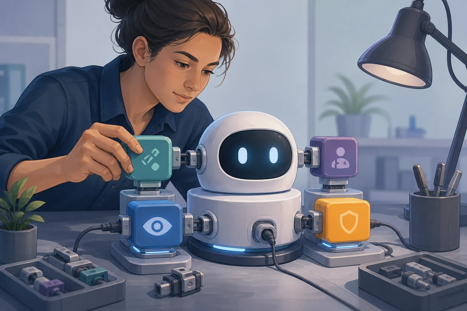 Engineer assembling input, output review, permissions, and monitoring around an agent.