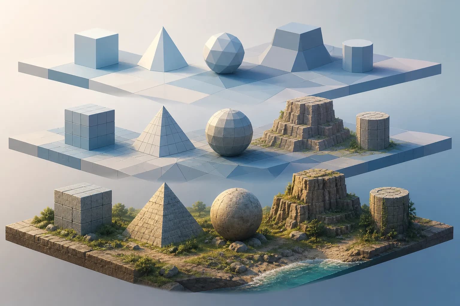 The same 3D scene shown at two different levels of geometric detail.