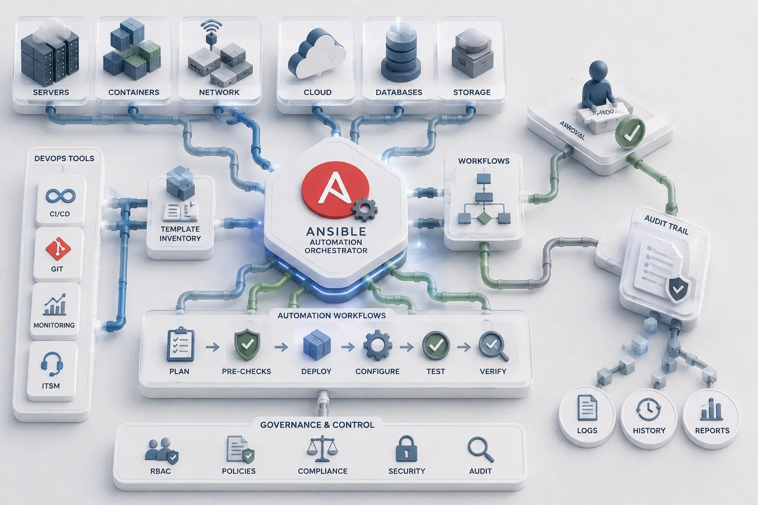 Illustration of infrastructure components connected into an automated workflow with a control checkpoint.