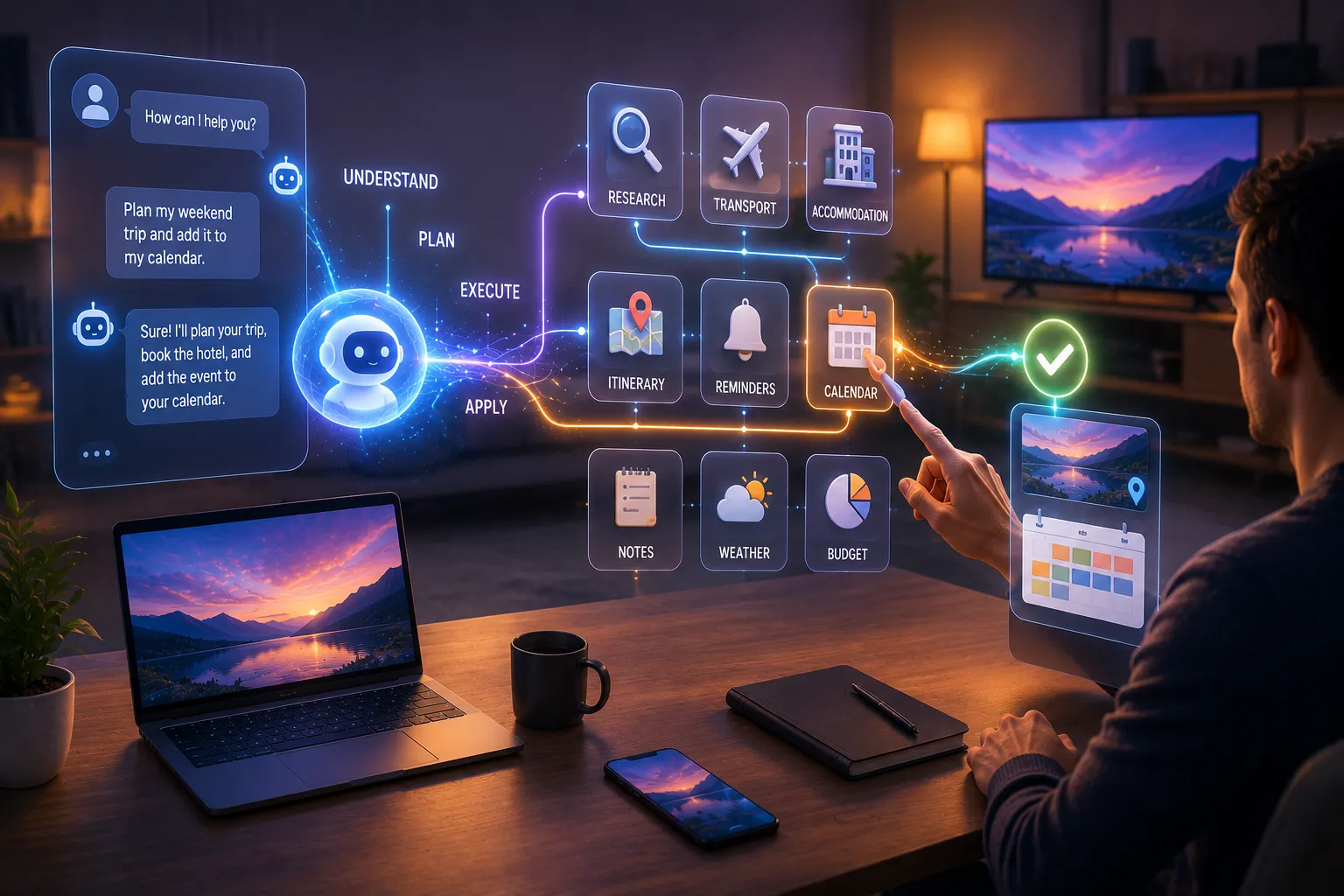 Illustration of an AI assistant connecting a phone, laptop, TV, search, and calendar before the user confirms an action.