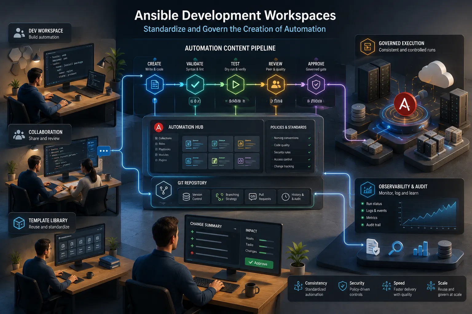 Engineers collaboratively build automation content in a development environment with guardrails.